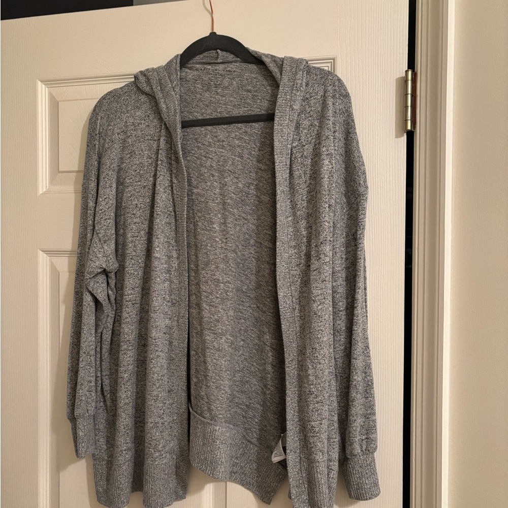 American Eagle Outfitters Heather Gray Hooded Open-Front Cardigan